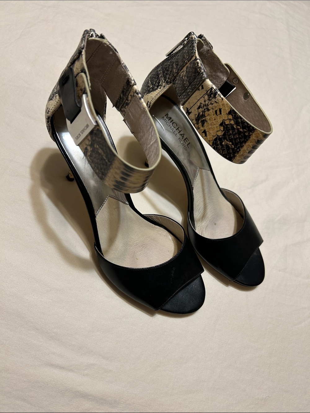 Michael Kors Black Heels with Snake-Print Ankle Strap